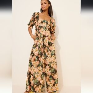 Selkie Floral Wide Leg Hamptons Jumpsuit with Puff Sleeves